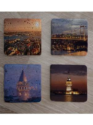 Tablosan Istanbul Manzaraları Doğal Taş Bardak Altlığı 4'lü Set - Natural Stone Coasters