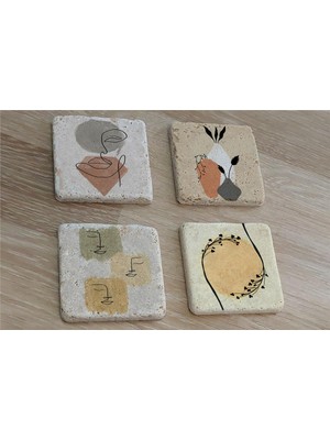 Tablosan Line Art Obje Bitki Surat Doğal Taş Bardak Altlığı 4'lü Set - Natural Stone Coasters