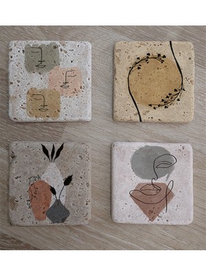 Tablosan Line Art Obje Bitki Surat Doğal Taş Bardak Altlığı 4'lü Set - Natural Stone Coasters