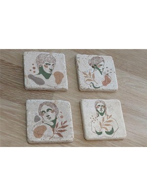 Tablosan Line Art Heykel Portre Doğal Taş Bardak Altlığı 4'lü Set - Natural Stone Coasters