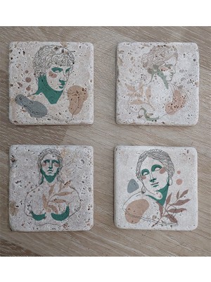 Tablosan Line Art Heykel Portre Doğal Taş Bardak Altlığı 4'lü Set - Natural Stone Coasters