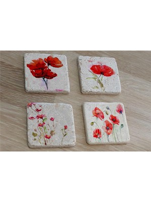 Tablosan Kırmızı Şakayıklar Doğal Taş Bardak Altlığı 4'lü Set - Natural Stone Coasters