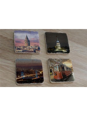 Tablosan Istanbul Manzaraları Doğal Taş Bardak Altlığı 4'lü Set - Natural Stone Coasters