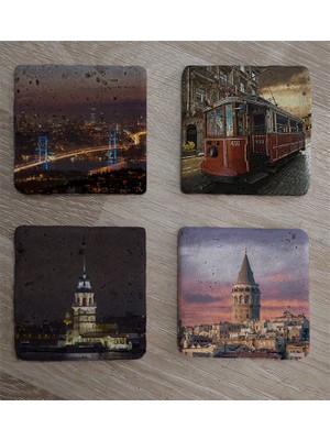 Tablosan Istanbul Manzaraları Doğal Taş Bardak Altlığı 4'lü Set - Natural Stone Coasters