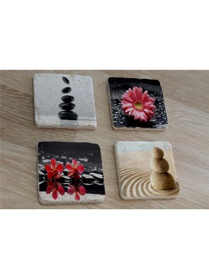 Tablosan Spa Taşları ve Kırmızı Gerbera Çiçeği Doğal Taş Bardak Altlığı 4'lü Set - Natural Stone Coasters