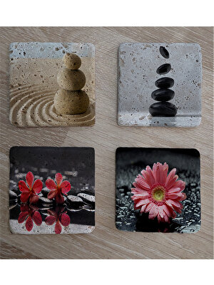 Tablosan Spa Taşları ve Kırmızı Gerbera Çiçeği Doğal Taş Bardak Altlığı 4'lü Set - Natural Stone Coasters