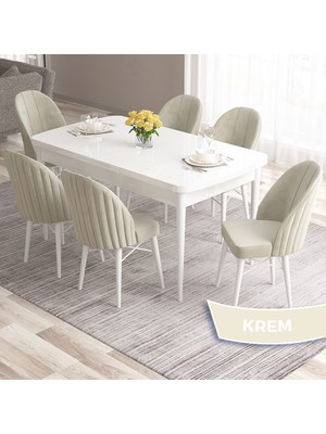 Canisa Concept Ves Serisi 80X132 Mdf Açılabilir Beyaz Mutfak Masa Takımı 6 Sandalye