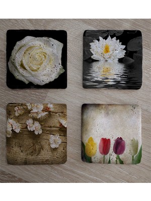 Tablosan Renkli Laleler ve Çiçekler Doğal Taş Bardak Altlığı 4'lü Set - Natural Stone Coasters