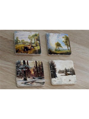 Tablosan Doğa ve Orman Manzarası Doğal Taş Bardak Altlığı 4'lü Set - Natural Stone Coasters