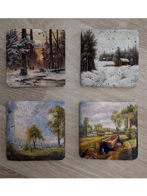 Tablosan Doğa ve Orman Manzarası Doğal Taş Bardak Altlığı 4'lü Set - Natural Stone Coasters