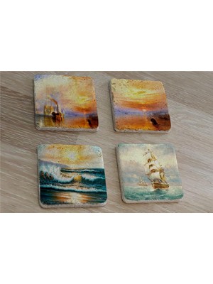 Tablosan Jmv Turner Gün Batımı ve Yelkenliler Doğal Taş Bardak Altlığı 4'lü Set - Natural Stone Coasters