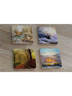 Tablosan Deniz ve Doğa Manzaraları Doğal Taş Bardak Altlığı 4'lü Set - Natural Stone Coasters