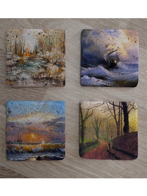 Tablosan Deniz ve Doğa Manzaraları Doğal Taş Bardak Altlığı 4'lü Set - Natural Stone Coasters