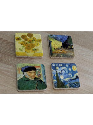 Tablosan Van Gogh Yıldızlı Gece ve Eserleri Doğal Taş Bardak Altlığı 4'lü Set - Natural Stone Coasters