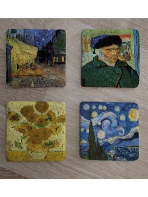 Tablosan Van Gogh Yıldızlı Gece ve Eserleri Doğal Taş Bardak Altlığı 4'lü Set - Natural Stone Coasters