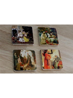 Tablosan Oryantal Harem Halı Satıcısı Ev Tüccarlar Doğal Taş Bardak Altlığı 4'lü Set - Natural Stone Coasters