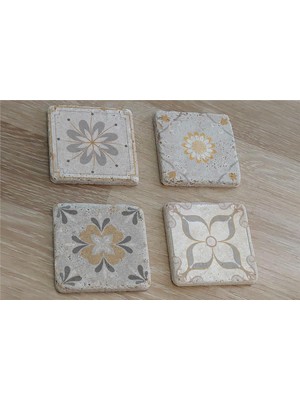 Tablosan Çiçekli Desenler Doğal Taş Bardak Altlığı 4'lü Set - Natural Stone Coasters