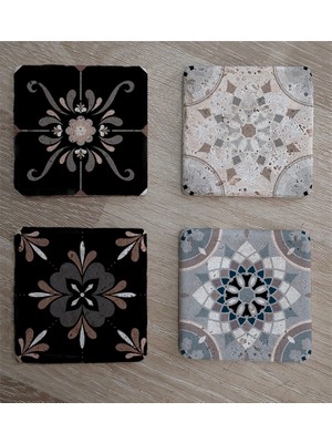 Tablosan Çiçekli Desenler Doğal Taş Bardak Altlığı 4'lü Set - Natural Stone Coasters