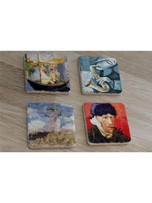 Tablosan Van Gogh Claude Monet ve Saksafon Çalan Adam Doğal Taş Bardak Altlığı 4'lü Set - Natural Stone Coasters