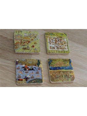Tablosan Matrakçı Nasuh Minyatürleri Doğal Taş Bardak Altlığı 4'lü Set - Natural Stone Coasters