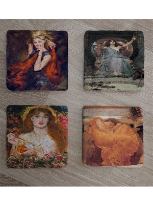 Tablosan Rossetti Leighton Waterhouse Kadınları Doğal Taş Bardak Altlığı 4'lü Set - Natural Stone Coasters