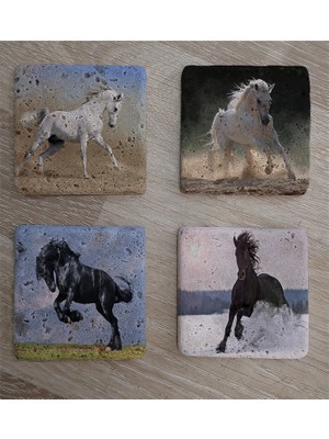 Tablosan Koşan Atlar Doğal Taş Bardak Altlığı 4'lü Set - Natural Stone Coasters