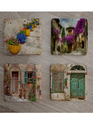 Tablosan Ahşap Kapılar Vazoda Çiçekler ve Begonviller Doğal Taş Bardak Altlığı 4'lü Set - Natural Stone Coasters