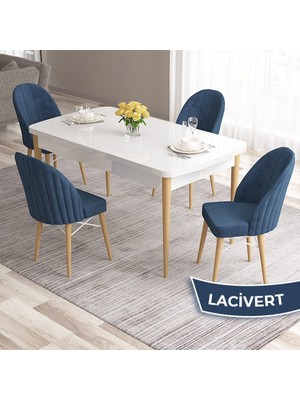 Canisa Concept Ves Serisi 80X132 Mdf Beyaz Mutfak Masa Takımı Doğal Ahşap Ayak Beyaz Kafes 4 Sandalye