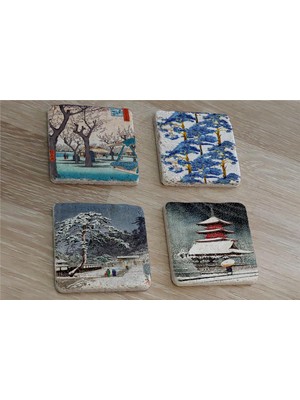 Tablosan Japon Sanatı Manzaralar Doğal Taş Bardak Altlığı 4'lü Set - Natural Stone Coasters