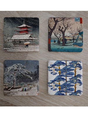 Tablosan Japon Sanatı Manzaralar Doğal Taş Bardak Altlığı 4'lü Set - Natural Stone Coasters