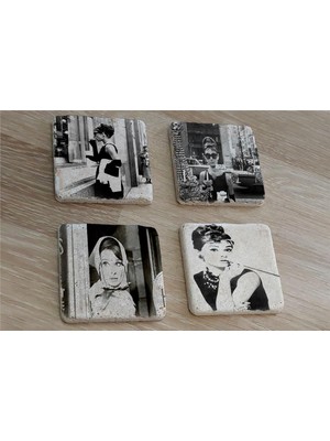 Tablosan Siyah Beyaz Audrey Hepburn Fotoğrafları Doğal Taş Bardak Altlığı 4'lü Set - Natural Stone Coasters