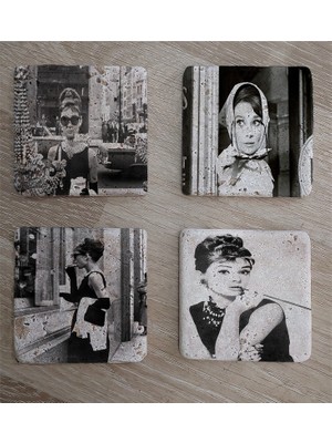 Tablosan Siyah Beyaz Audrey Hepburn Fotoğrafları Doğal Taş Bardak Altlığı 4'lü Set - Natural Stone Coasters