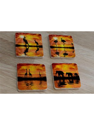 Tablosan Egzotik Hayvanlar Fil Zürafa Flamingo Kanguru Doğal Taş Bardak Altlığı 4'lü Set - Natural Stone Coasters