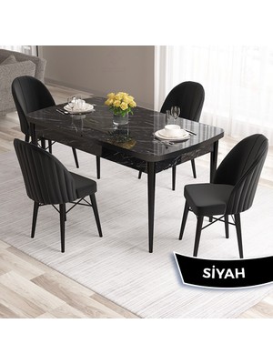 Canisa Concept Ves Serisi 80X132 Mdf Açılabilir Siyah Mermer Desen  Mutfak Masa Takımı 4 Sandalye