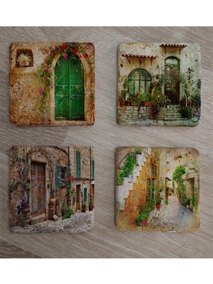 Tablosan Taş Evler Doğal Taş Bardak Altlığı 4'lü Set - Natural Stone Coasters