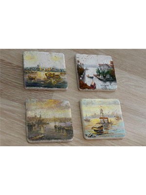 Tablosan Istanbul Manzaraları Doğal Taş Bardak Altlığı 4'lü Set - Natural Stone Coasters