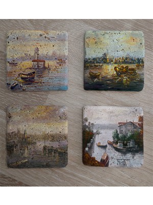 Tablosan Istanbul Manzaraları Doğal Taş Bardak Altlığı 4'lü Set - Natural Stone Coasters