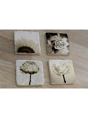 Tablosan Siyah Beyaz Çiçekler Doğal Taş Bardak Altlığı 4'lü Set - Natural Stone Coasters