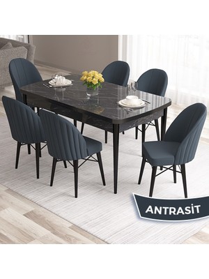Canisa Concept Ves Serisi 80X132 Mdf Açılabilir Siyah Mermer Desen  Mutfak Masa Takımı 6 Sandalye