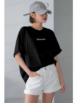 Millionaire Spectacular Kadın Siyah Oversize T-Shirt Kısa Kol Günlük Stil Örme Kumaş
