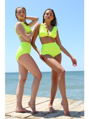 Akbeniz Kadın Fırfırlı Yüksek Bel Neon Sarı Bikini 35001