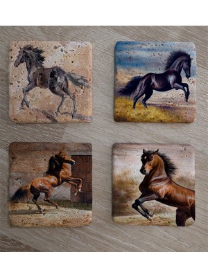 Tablosan Şaha Kalkmış Atlar Doğal Taş Bardak Altlığı 4'lü Set - Natural Stone Coasters