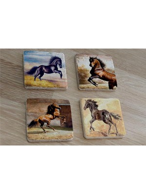 Tablosan Şaha Kalkmış Atlar Doğal Taş Bardak Altlığı 4'lü Set - Natural Stone Coasters