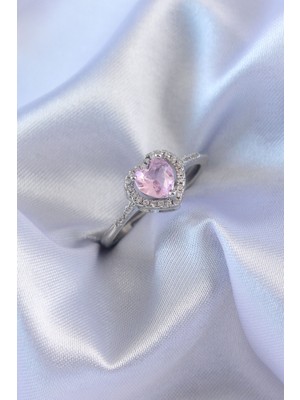 Mustran Gümüş Renk Pembe Zirkon Taşlı Kalp Charm Model Pirinç Kadın Yüzük