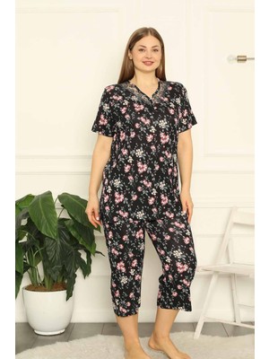 D Kit Boutique Büyük Beden Viskon Kısa Kol Yazlık Kadın Kapri Pijama Takım