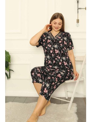 D Kit Boutique Büyük Beden Viskon Kısa Kol Yazlık Kadın Kapri Pijama Takım