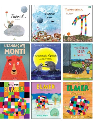 İş Bankası Kültür Yayınları – Frederick + Yüzyüz + Pezzetino + Utangaç Ayı Monti + Avucundaki Öpücük + Iyi Yürekli Dev Memo + Elmer + Elmer Sel Baskını + Elmer Rüzgarda - 9’lu Çocuk Öykü Seti