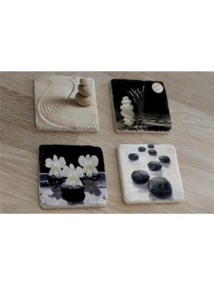 Tablosan Spa Taşları ve Kiraz Çiçeği Doğal Taş Bardak Altlığı 4'lü Set - Natural Stone Coasters