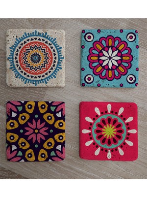 Tablosan Mandala Desenleri Doğal Taş Bardak Altlığı 4'lü Set - Natural Stone Coasters