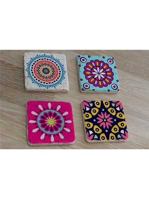 Tablosan Mandala Desenleri Doğal Taş Bardak Altlığı 4'lü Set - Natural Stone Coasters